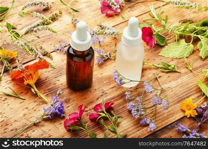 Bottles of tincture and healthy herbs and flowers.Alternative healthy medicine. Essential oils with herbs and flowers
