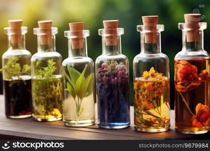 Bottles of tincture or infusion of healthy medicinal herbs and healing plants. Herbal medicine.