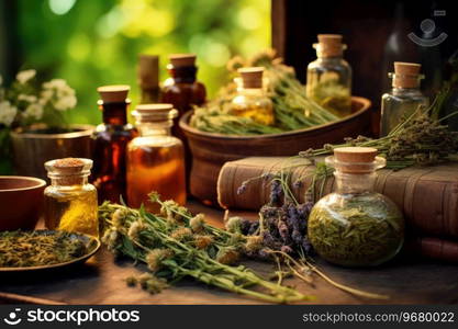 Bottles of tincture or infusion of healthy medicinal herbs and healing plants. Herbal medicine.