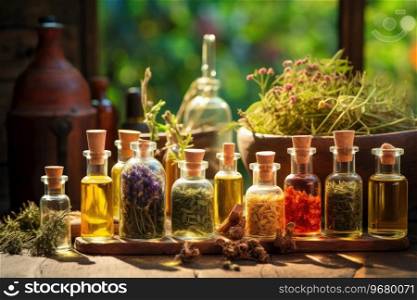 Bottles of tincture or infusion of healthy medicinal herbs and healing plants. Herbal medicine.