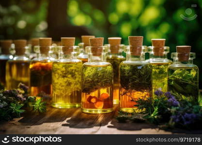 Bottles of tincture or infusion of healthy medicinal herbs and healing plants. Herbal medicine.