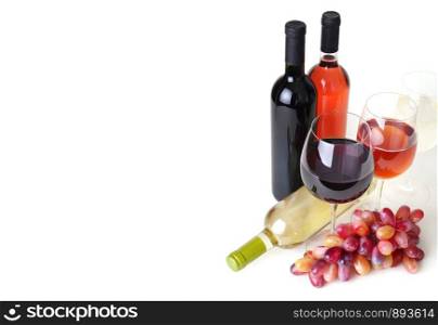 bottles of wine, wineglass and grapes
