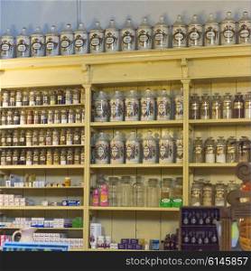 Bottles on shelf in store, Zona Centro, San Miguel de Allende, Guanajuato, Mexico