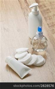 bottles tube and cotton pads