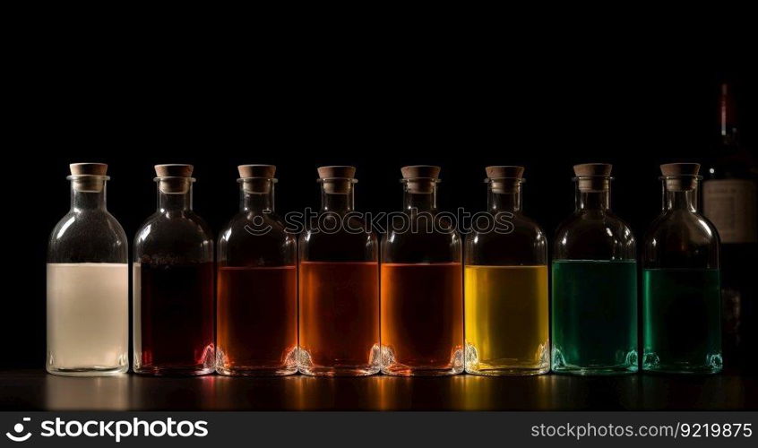 Bottles with different alcohol in a row, black background. Header banner mockup with copy space. AI generated.. Bottles with different alcohol in a row, black background. AI generated.