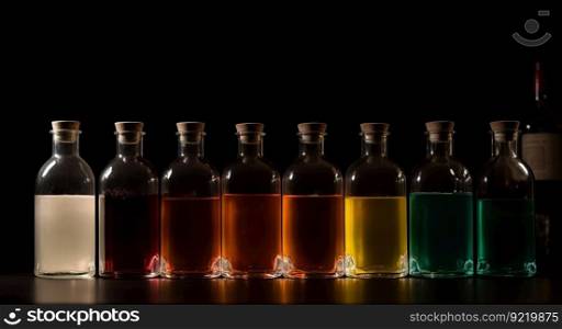 Bottles with different alcohol in a row, black background. Header banner mockup with copy space. AI generated.. Bottles with different alcohol in a row, black background. AI generated.