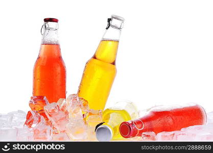 Bottles with tasty drink in ice