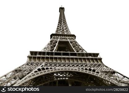 bottom view of Eiffel tower in Paris with white background