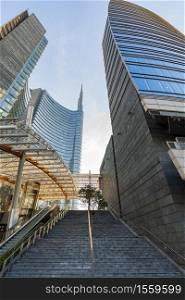 Bottom view of skyscrapers and stairways, image of Italian contemporary architecture