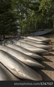 Bottoms of canoe boats lined up on the shoreline, Lake of The Woods, Ontario, Canada