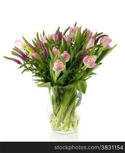 boueqt of pink tulips on vase from glass as present or git to girlfriend mother or other love one