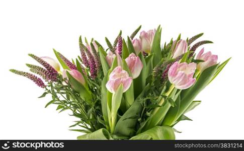 boueqt of pink tulips on vase from glass as present or git to girlfriend mother or other love one