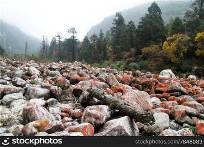 Boulders and rocks in the mountain river in Nepal