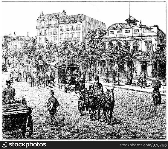 Boulevard Bonne Nouvelle and Theatre Mary Bell Gymnasium., vintage engraved illustration. Paris - Auguste VITU ? 1890.
