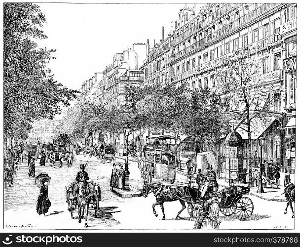 Boulevard Montmartre, vintage engraved illustration. Paris - Auguste VITU ? 1890.