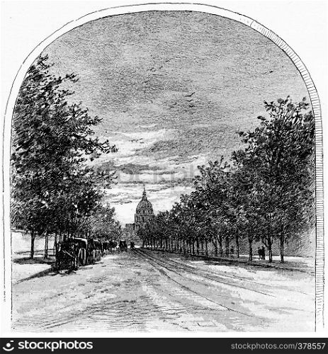 Boulevard of the Invalides seen from the rue de Sevres, vintage engraved illustration. Paris - Auguste VITU ? 1890.