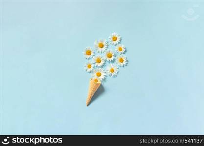 Bouquet chamomile daisies flowers in waffle ice cream cone on pastel blue color paper background Copy space Template for postcard, lettering, text or your design Flat lay Top view Concept Hello summer.. Bouquet chamomile daisies flowers in waffle ice cream cone on pastel blue color paper background Copy space Template for postcard, lettering text or your design Flat lay Top view Concept Hello summer
