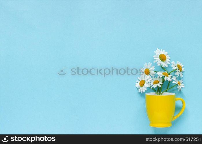 Bouquet chamomile daisies flowers in yellow mug on pastel blue color paper background Copy space Template for postcard, lettering, text or your design Flat lay Top view Concept Hello summer.. Bouquet chamomile daisies flowers in yellow mug on pastel blue color paper background Copy space Template for postcard, lettering, text or your design Flat lay Top view Concept Hello summer