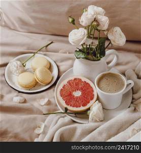 bouquet flowers with morning coffee grapefruit bed