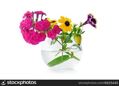 Bouquet fresh flowers in glass vase isolated on white. Phlox, chamomile, dahlia, petunia.