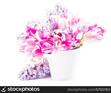 Bouquet from pink tulips and lilac on white. Bouquet from tulips and lilac