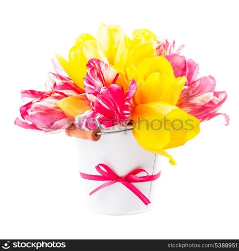 Bouquet from yellow and pink tulips on white