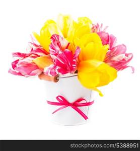 Bouquet from yellow and pink tulips on white