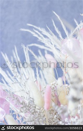 Bouquet of colorful dried flowers whites and pink and white spikes