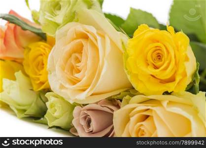 Bouquet of colorful fresh roses in shades of yellow, green and lilac in a sentimental gift of love and caring for a loved one or sweetheart on Valentines Day