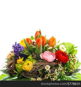 bouquet of colorful spring flowers. tulip, ranunculus, hyacinth, daisy, anemone