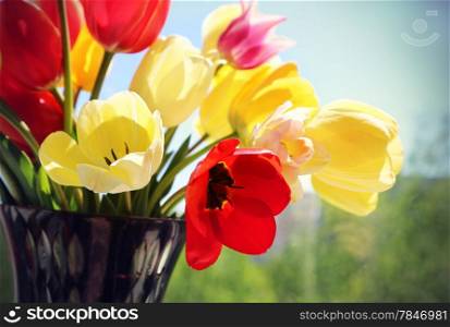 Bouquet of colorful spring tulips in a vase on a background of a window