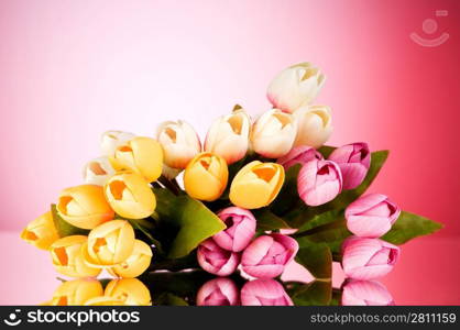 Bouquet of colorful tulips on the table