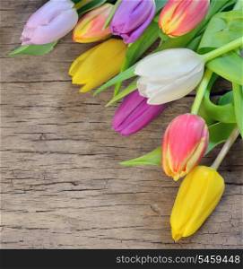 bouquet of colorful tulips over rustic wooden