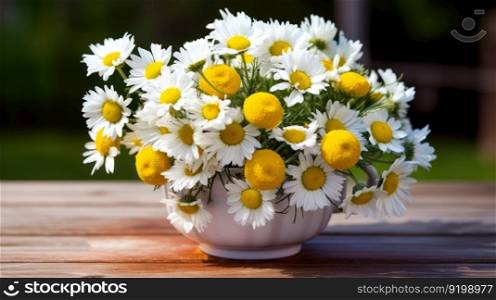 bouquet of daisies, summer chamomile flowers on table  generative ai.