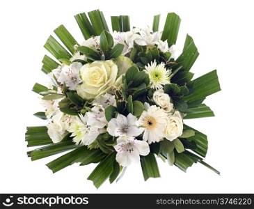 bouquet of daisy and roses and green folliage on a white background