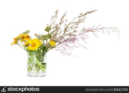 Bouquet of different wildflowers in a glass beaker, isolated on a white background