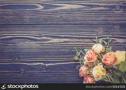 Bouquet of flower and empty rustic wooden table with copy space, table empty with flower romantic, top view, vintage retro style.