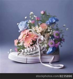 Bouquet of flowers in sneaker in retro style
