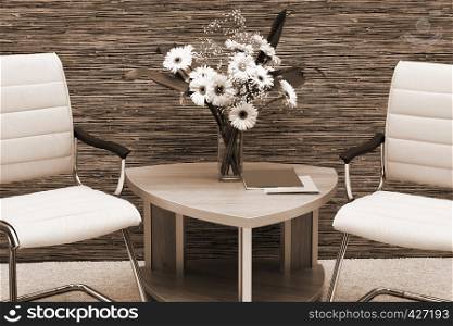 bouquet of flowers on a table in a modern office