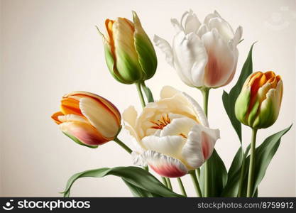 bouquet of fresh colorful tulip flowers on white background