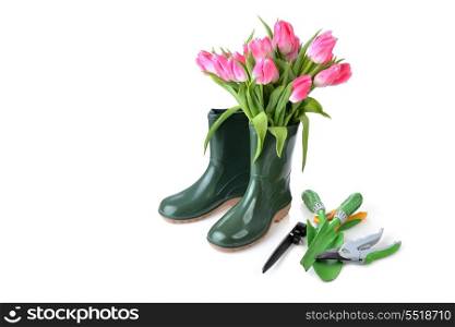 bouquet of fresh pink tulips and garden tools on wooden background