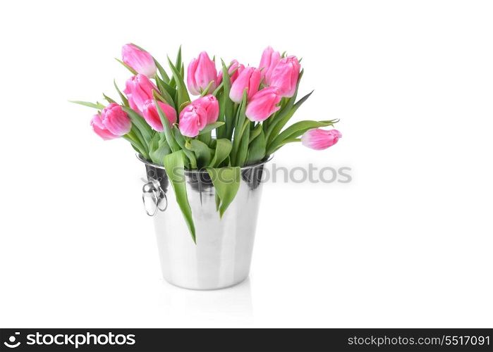 bouquet of fresh pink tulips in metal bucket