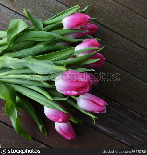 bouquet of fresh pink tulips on wooden background