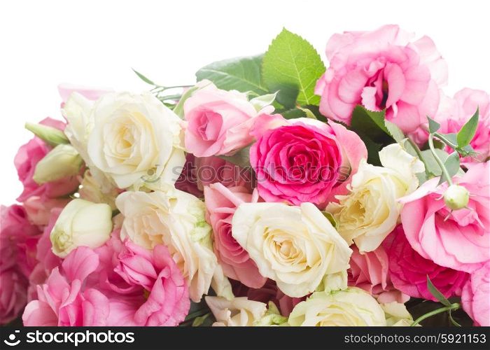 bouquet of fresh roses. bouquet of pink and white fresh roses and eustoma flowers close up isolated on white background