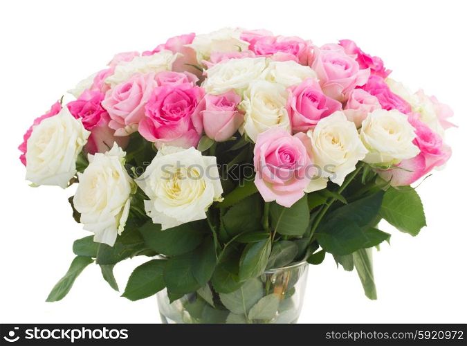 bouquet of fresh roses. bouquet of pink and white fresh roses iclose up solated on white background