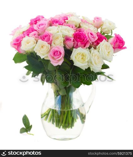 bouquet of fresh roses. bouquet of pink and white fresh roses isolated on white background
