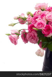 bouquet of fresh roses. bouquet of pink roses and eustoma flowers close up isolated on white background