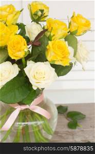 bouquet of fresh roses. bouquet of yellow and white fresh roses in vase