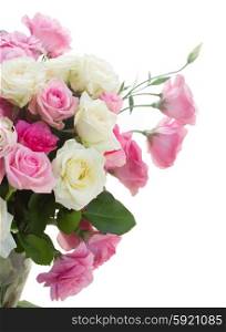 bouquet of fresh roses. bunch of pink and white fresh roses and eustoma flowers isolated on white background