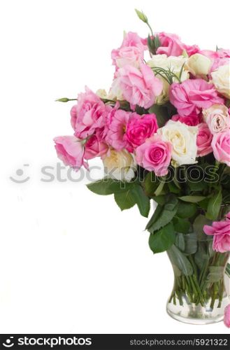 bouquet of fresh roses. bunch of pink and white fresh roses and eustoma flowers close up isolated on white background